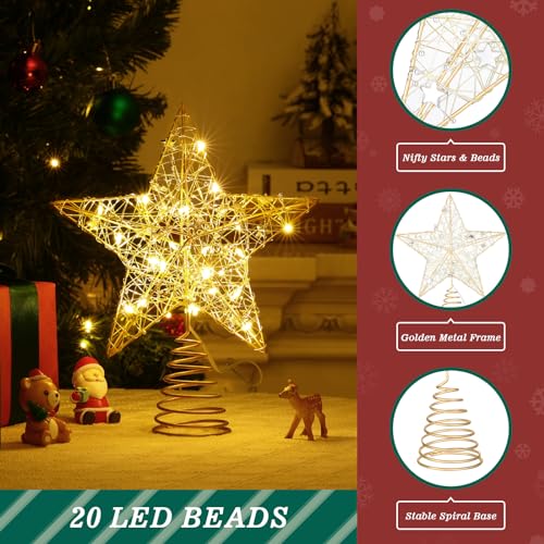 Lighted Christmas Star Tree Topper with 20 LED Lights & 8 Modes - 9.8 Inch