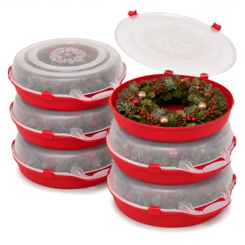HOMZ 6-Pack 24-Inch Plastic Wreath Storage Organizer Container Red
