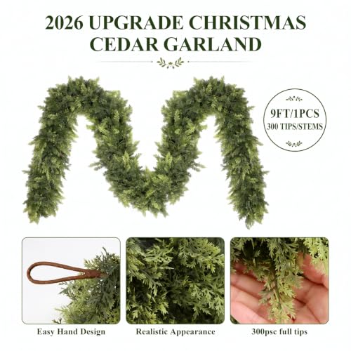 Lylyfan 9FT Artificial Cedar Garland 300 Branches – Full, Real-Look Christmas Decor