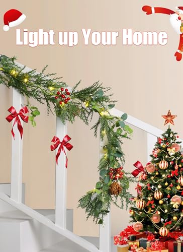 Brightown 6ft Christmas Garland with Lights, 2 Pack, Battery Operated, Pine Cones & Red Berries