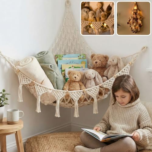Macrame Stuffed Animal Hammock Corner Toy Net with LED Lights - 100% Cotton