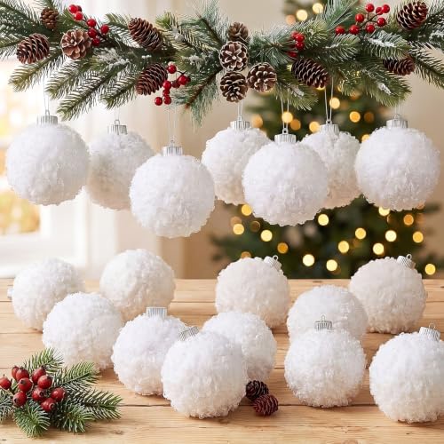 Soulchen 24 Pcs 3.15 Inch White Furry Christmas Ornaments Balls - Holiday Decor