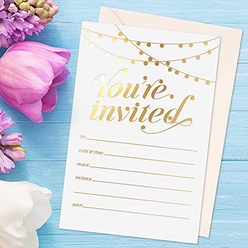 25 Gold Foil Party Invitations with Envelopes, 4x6 Premium Cardstock Cards