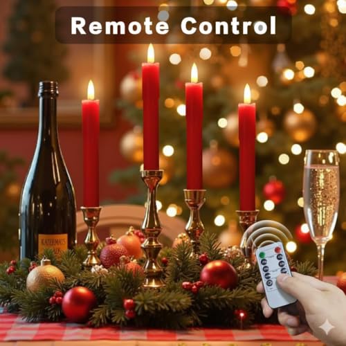 Pierty Red Tall Flameless Flickering LED Taper Candles with Remote Timer - 6.7 Inch Set