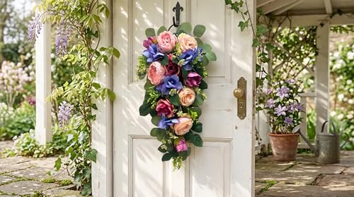 24-Inch Pre-Lit Floral Teardrop Swag with Peonies, Roses and LED Lights