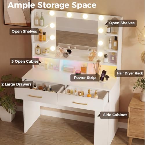 Modern Makeup Vanity Desk with LED Mirror, Charging Station & Storage