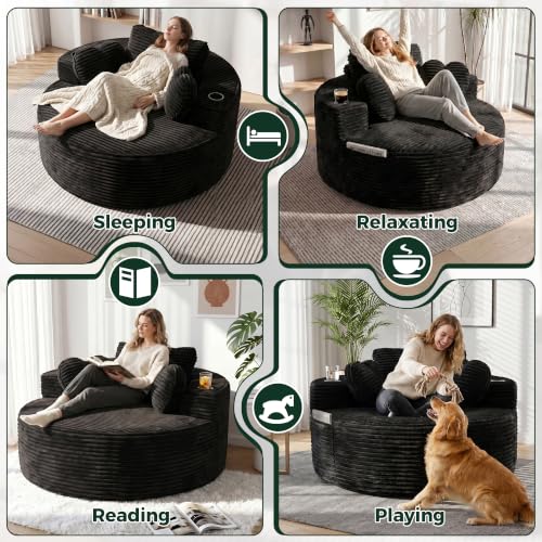 56-Inch Oversized Round Chaise Lounge Chair with Cup Holders & Side Pockets