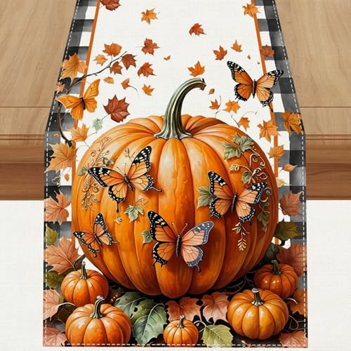Jiudungs Fall Table Runner 13x72 Inches Autumn Thanksgiving Home Decor - Black, White, Orange