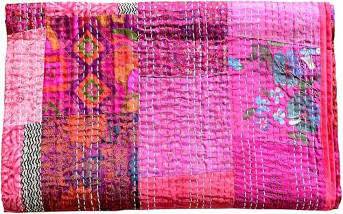 Handmade Silk Kantha Quilt - Vintage Patchwork Throw, 60" x 40"