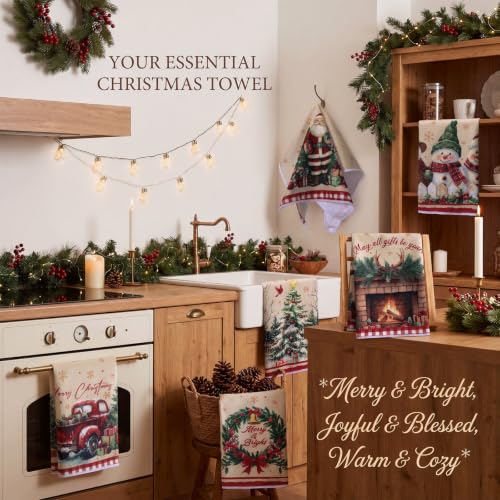 Vintage Christmas Kitchen Towels 6 Pack Santa Snowman Dish Hand Towels Beige Red