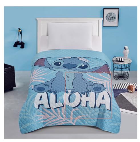 Twin Quilted Bedspread - Blue Lilo & Stitch Design, 55x75 inches