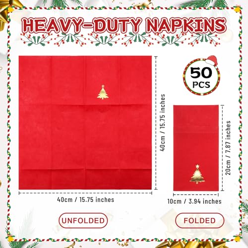 Ctosree 50 Pcs Christmas Napkins with Built-in Flatware Pocket - Red Gold Christmas Tree Theme