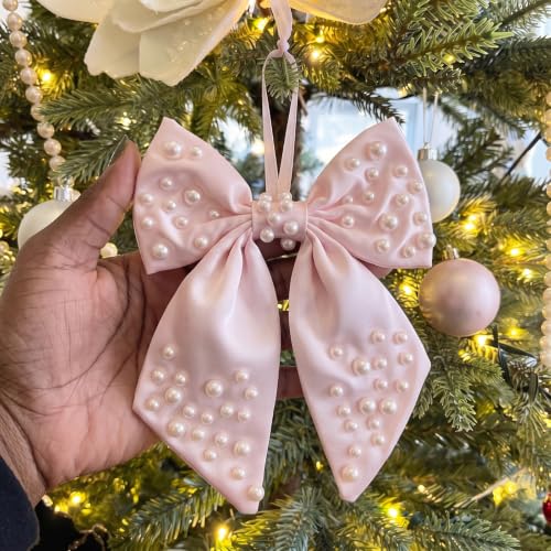 Yinder 12 Pack Pink Pearl Christmas Tree Bow Ornaments Large Satin Holiday Decor
