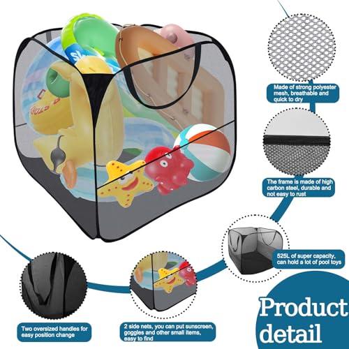 Pop-Up Pool Toy Storage Bin, Large Mesh Organizer with Side Pockets