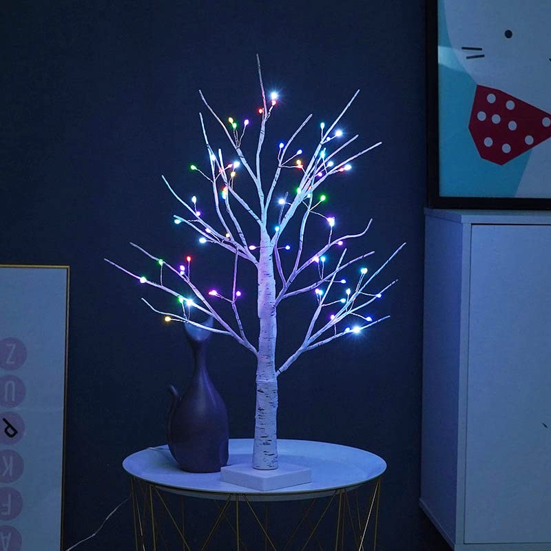 White Birch Tree with 72 RGB LED Lights & Remote - Indoor Christmas & Holiday Decor - 2ft Spirit Twinkling Tree