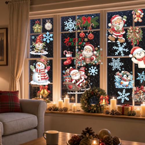 Traditional Christmas Window Clings Set - 28 Reusable Static Holiday Decals with Santa, Snowman & Reindeer - Double-Sided Xmas Decorations