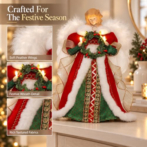 HMASYO Red & Green Angel Tree Topper with Timer Lights, 12" Christmas Decor