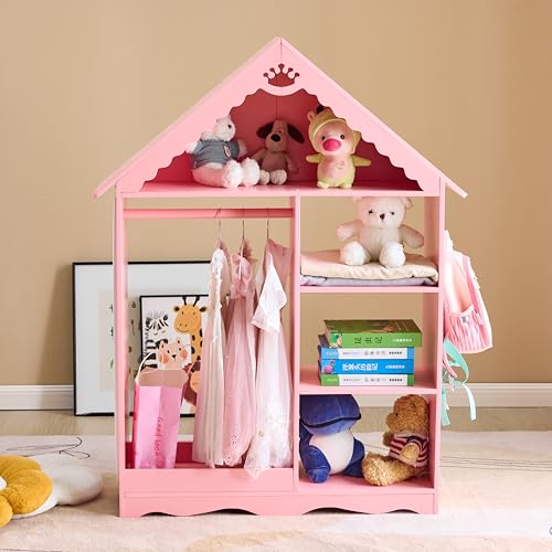 Kids Dollhouse Dress Up Storage Wardrobe with Mirror and Hanging Rod