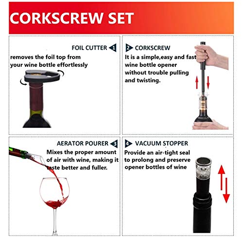 Air Pressure Pump Wine Opener Set with Foil Cutter, Pourer & Vacuum Stopper