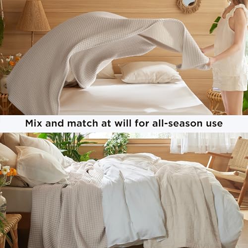 Bedsure 100% Cotton Waffle Blanket - Queen Size (90"x90"), Linen