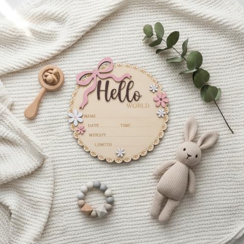 Wooden Baby Birth Announcement Sign with Floral Design