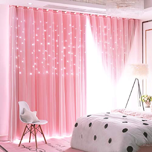 Double Layer Star Cut Out Blackout Curtains, Pink 52 x 63 Inch Panels