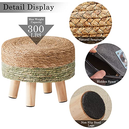 Round Hand-Woven Seagrass Ottoman with Pine Legs - Natural Footstool