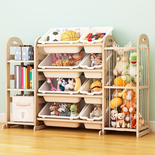 Solid Pine Toy Storage Organizer with 8 Bins and 3 Shelves