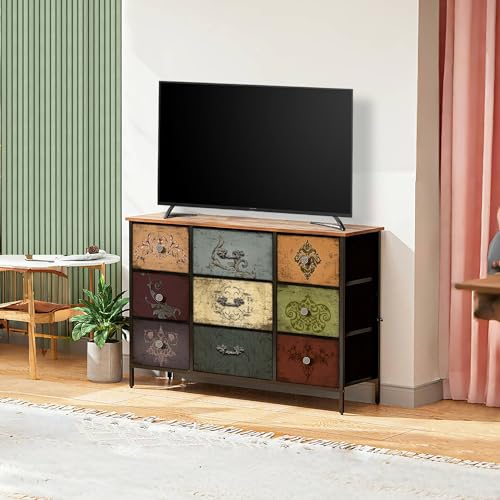 9-Drawer Fabric Dresser with Floral Print, Wide Storage Cabinet for Bedroom
