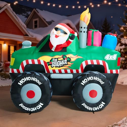 7 ft Santa Monster Truck Inflatable Yard Decor for Christmas Outdoor Garden