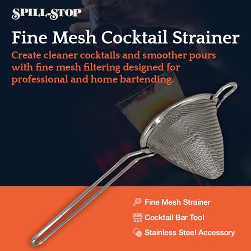 Stainless Steel Spill-Stop Fine Mesh Cocktail Strainer - Conical Bar Tool, 9 x 3.125”