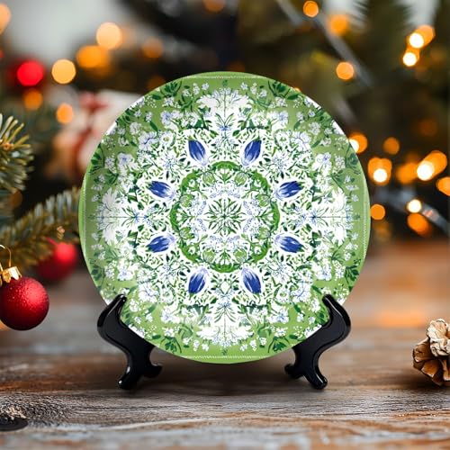 10-Inch Decorative Ceramic Plate with Stand, Floral Mandala Wall Decor