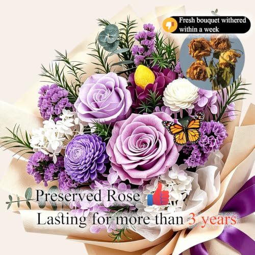 Preserved Purple Rose Bouquet with Glass Vase - Everlasting Floral Decor