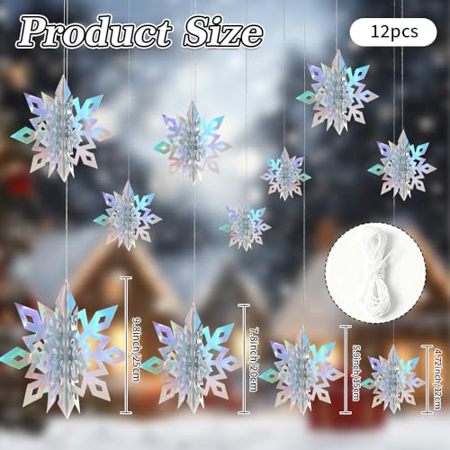 VziareBe Iridescent 12-Pack 3D Snowflake Christmas Decorations - Large Hanging Ornaments for Winter Wonderland, Xmas Party