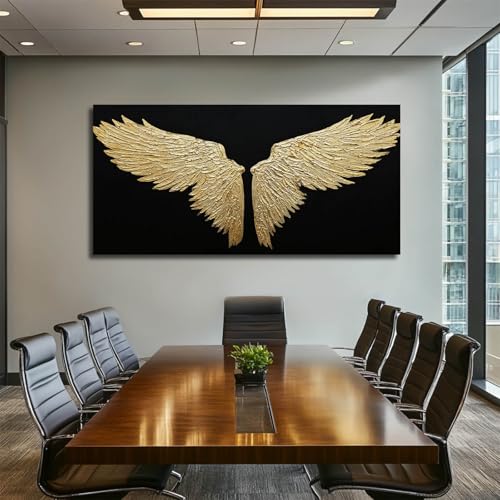 Large Abstract Bird Canvas Wall Art, Black and Gold Minimalist Painting