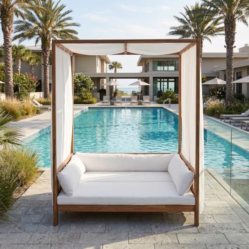 Outdoor Acacia Wood Canopy Daybed with Curtains & Cushions, 72" White