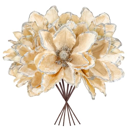 12 Inch Christmas Velvet Magnolia Flowers - Champagne, 8 Pack