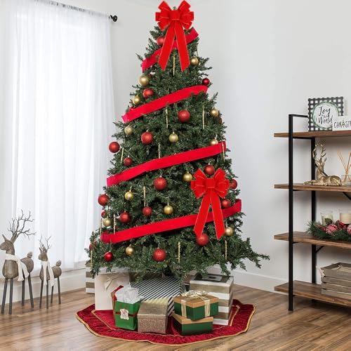 Yuubin Red Velvet Christmas Bow 12x20 in - Large Wreath Topper with Gold Edge & Glitter String (6 Pcs)