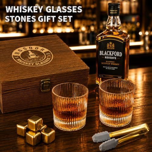 Hgsoor Gold Stones Whiskey Gift Set for Men with 2 Ribbed Bourbon Glasses & Chillers