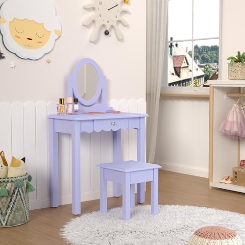 Kids Vanity Set with Mirror, Stool, and Drawer - Purple Wooden Makeup Desk