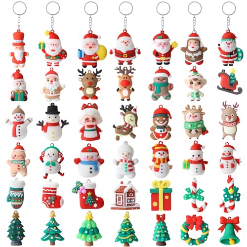 42-Piece Christmas Keychains Set with 3D Santa, Snowman, Reindeer Ornaments