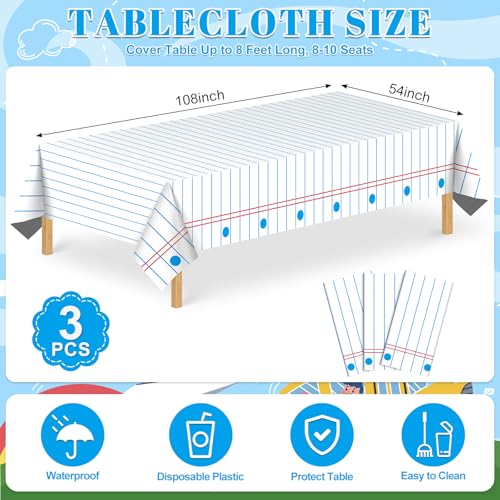 NatNarr 3 Pack Back to School Plastic Tablecloths 54x108 Notebook Paper