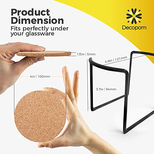 Decopom Cork Coasters Set with Metal Holder - 16 Thick Absorbent 4-inch Drink Coasters for Hot Cold Beverages