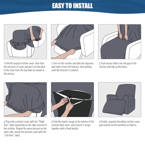 Stretch Recliner Chair Cover - 3-Piece Soft Polyester Protector, Dark Gray