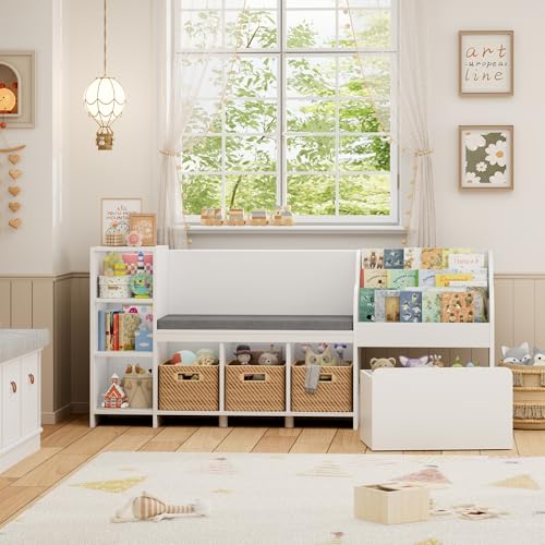 Kids Reading Nook with Bookshelf, Toy Storage Bench, and Mobile Toy Box