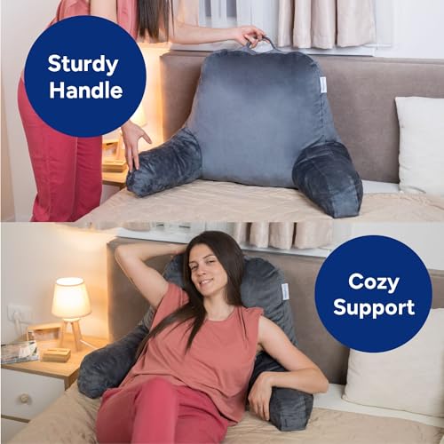 Deluxe Reading Pillow with Arms and Pockets for Bed - Large Grey