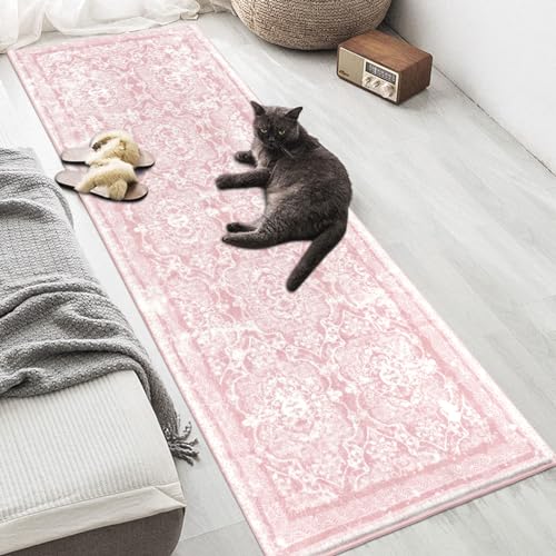 2x6 ft Pink Vintage Shaggy Runner Rug, Non-Slip Washable Boho Kitchen Mat