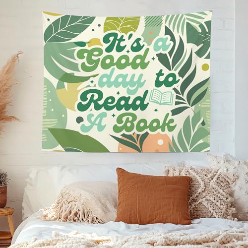"It's A Good Day to Read A Book" Wall Tapestry - Boho Leaf Decor (50x60 In)