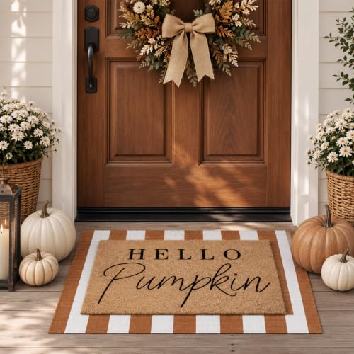 Hello Pumpkin 2-Piece Layered Doormat Set for Fall Farmhouse Entryway