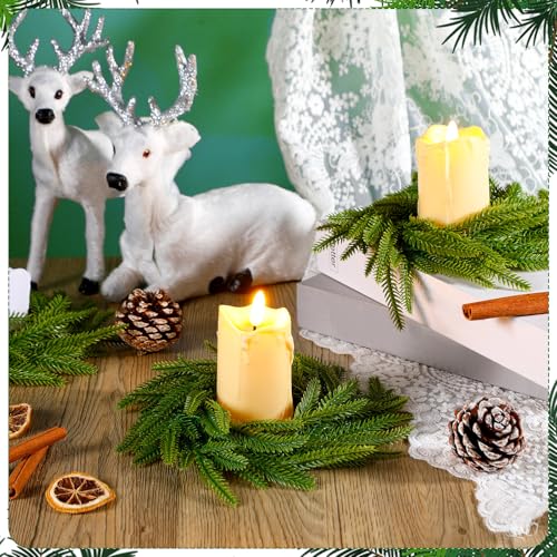 Dingion 12Pcs Norfolk Pine Christmas Candle Ring Wreaths 6in Green
